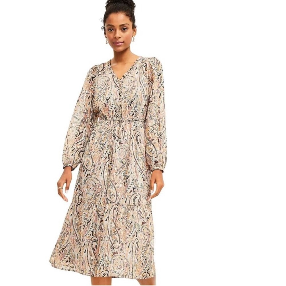LOFT Long Sleeve Paisley Midi Dress in Brown and Gold